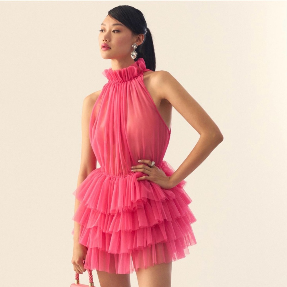 NWT Anthropologie Tulle Ruffle Halter Tunic Dress in Dragonfruit